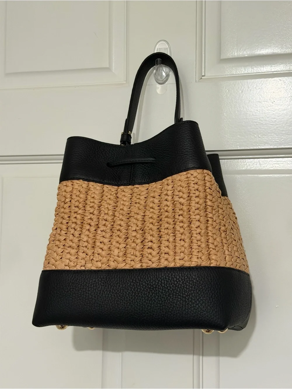Strathberry Osette Midi in Raffia with Black leather